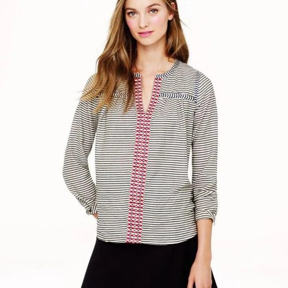 J Crew #08244 Embroidered Peasant  Stripe popover top Black Red Blouse 0 XS - Picture 2 of 16